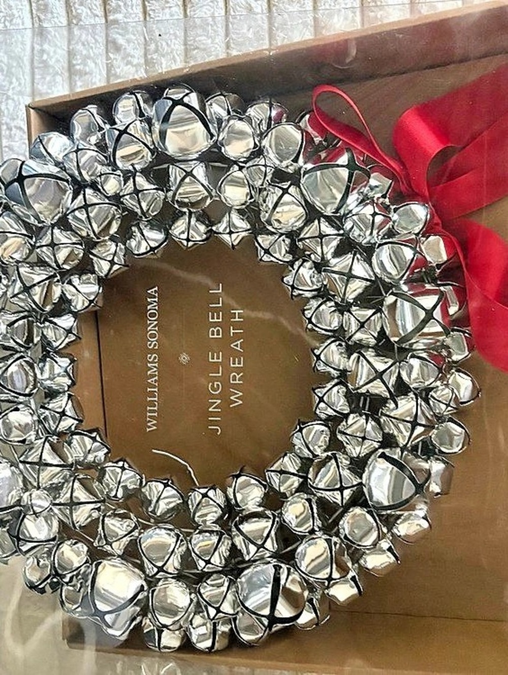 Williams Sonoma Jingle Bell Wreath Silver & Red NWT